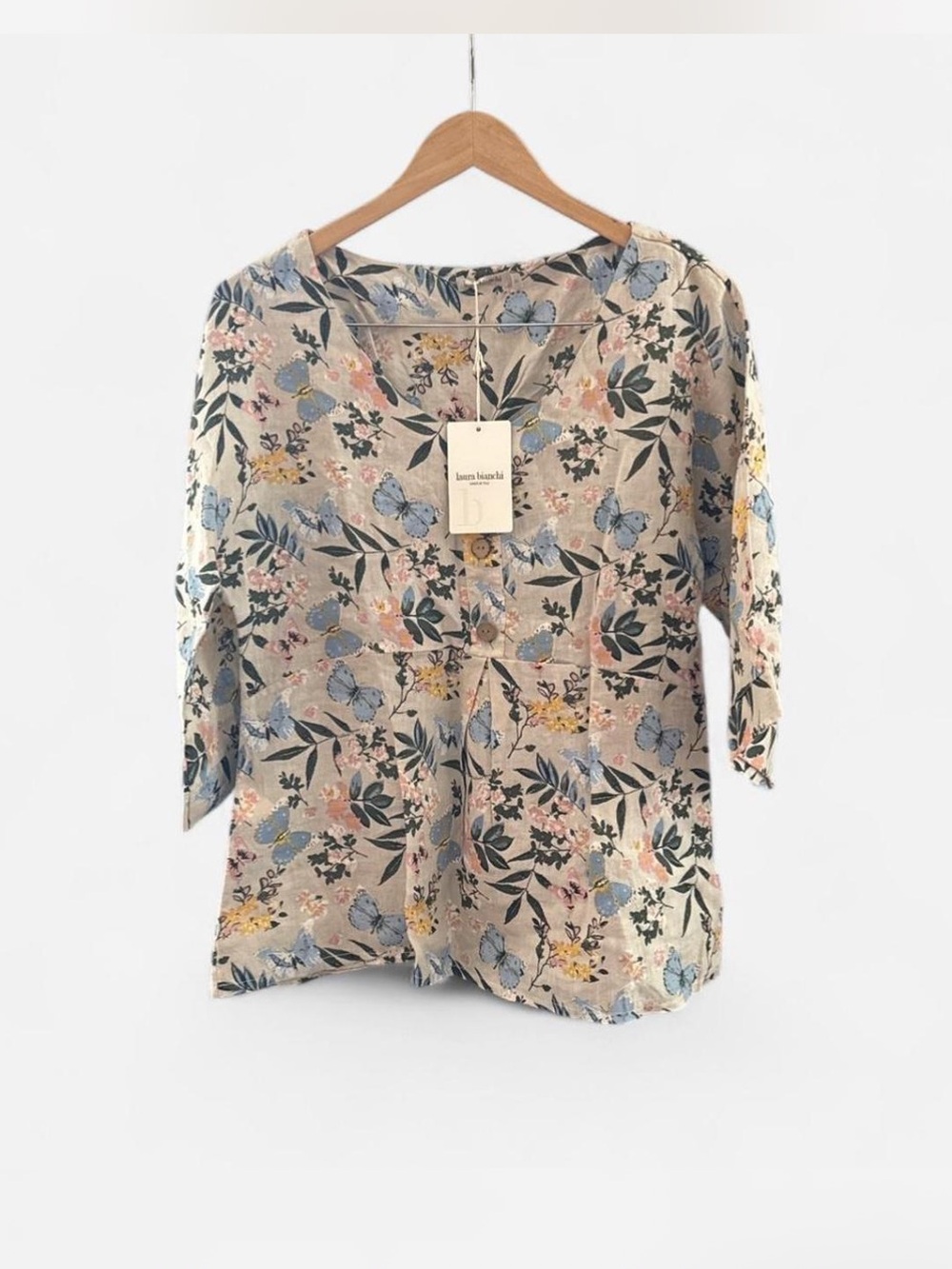 Laura Bianchi Floral Top 100% linen S made in Italy preppy boho indie Romantic